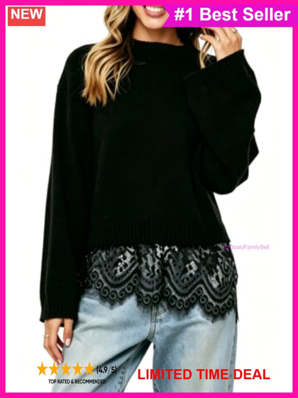 Lace Trim Pullover Sweater Mock Neck Long Sleeve Knit Top
